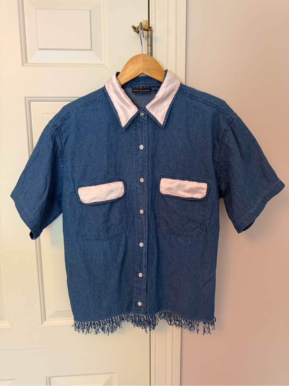 💃 Vintage Denim Button-Up Party Shirt with Pale Pink Satin Trim and Fringe